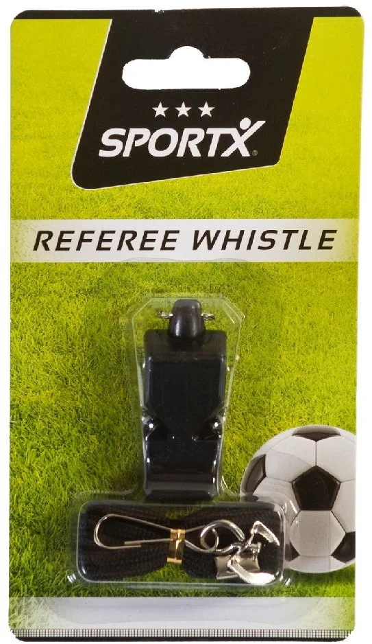 Schiedsrichterpfeife aus Plastik mit Schnur.