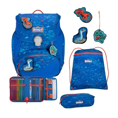 Scout Exklusiv Alpha Superflash Blue Dino Schulranzen Set 4tlg.