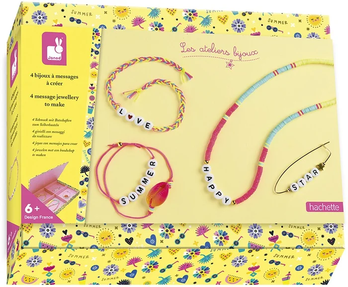 Set zum Erstellen von 4 personalisierten Schmuckstücken mit Botschaften – Les Ateliers Bijoux – Set für kreative Freizeitbeschäftigungen für Kinder – Entwicklung von Feinmotorik – Ab 6 Jahren