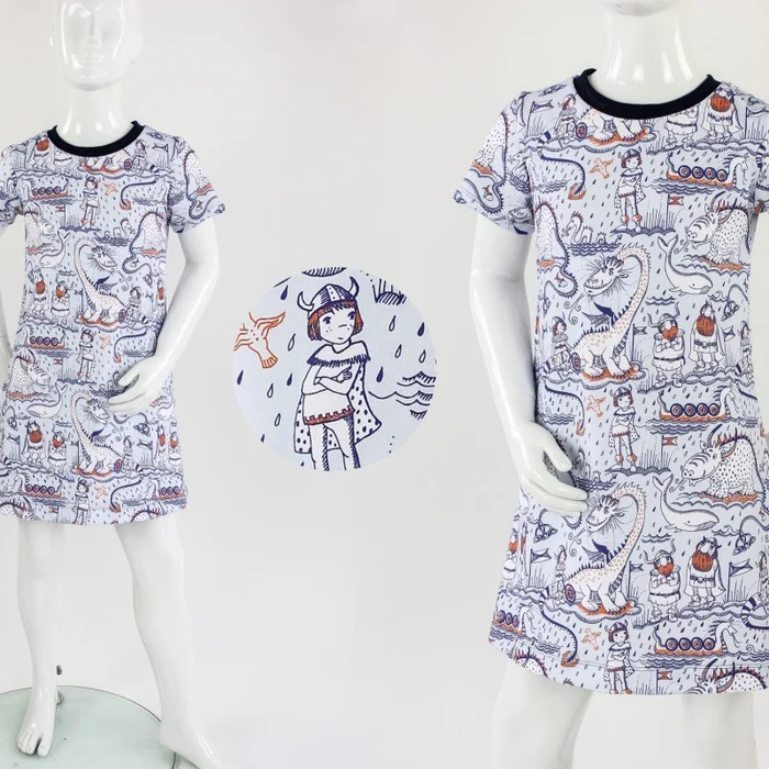 Shirtkleid für Kinder mit Wikingern und Drachen BIO-STOFFE