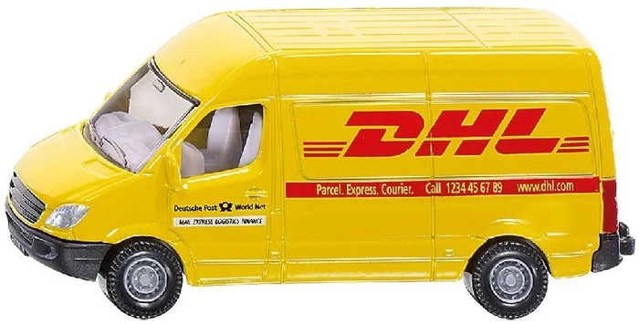 SIKU 1085, Postwagen, Metall/Kunststoff, Gelb, DHL-Optik, Bereifung aus Gummi