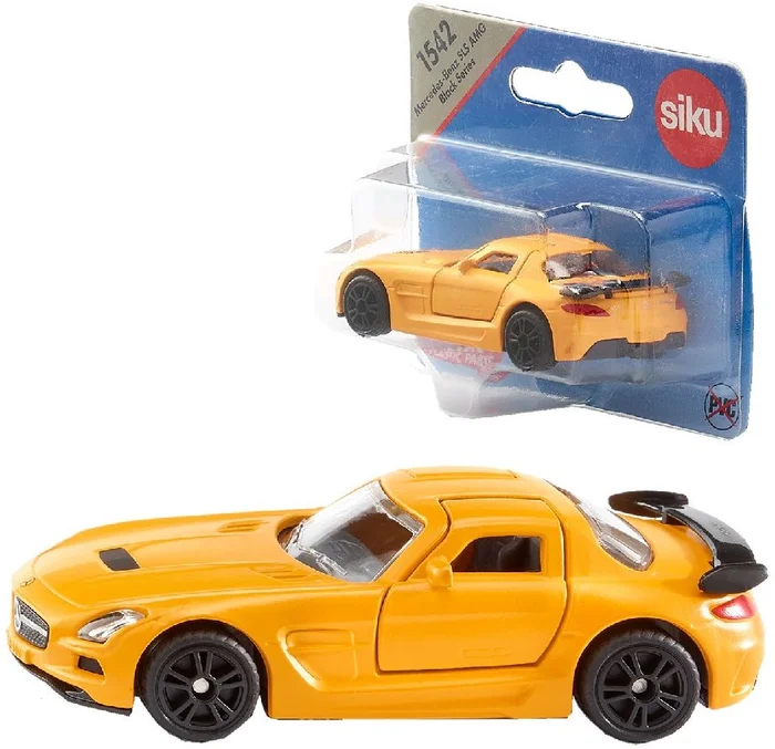 siku 1542, Mercedes-Benz SIS AMG Black Series Sportwagen, Metall/Kunststoff, Gelb, Flügeltüren zum Öffnen, Gummierte Reifen