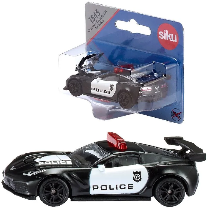 siku 1545, Chevrolet Corvette ZR1 Police, Metall/Kunststoff, Schwarz/Weiß, Motorhaube zum Öffnen, USA-Polizei Design