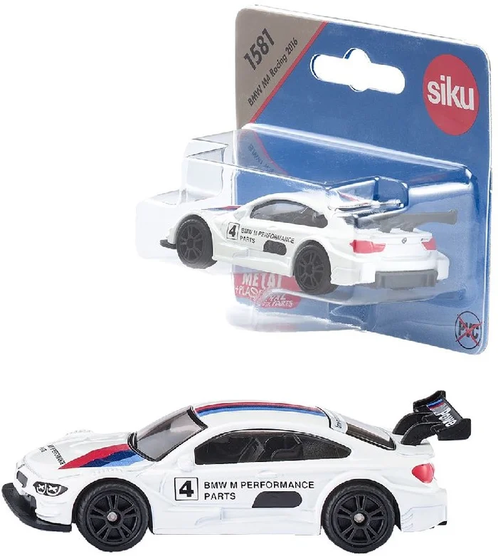 siku 1581, BMW M4 Racing 2016 Sportwagen, Metall/Kunststoff, Weiß/Multicolor, Detailgetreuer Heckflügel, Spielzeugauto für Kinder