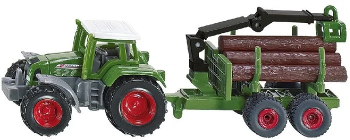 SIKU 1645, Traktor mit Forstanhänger, Metall/Kunststoff, Grün, Inkl. 6 Baumstämmen