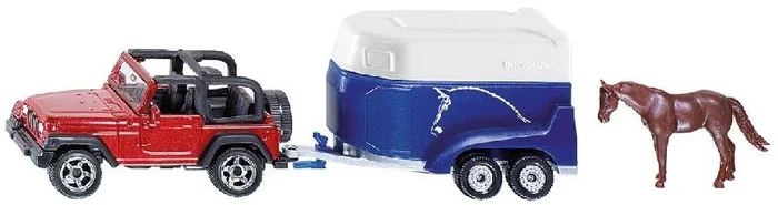 SIKU 1651, Jeep mit Pferdeanhänger, Metall/Kunststoff, Multicolor, Inkl. 1 Spielzeug-Pferd, Öffenbare Verladeklappe