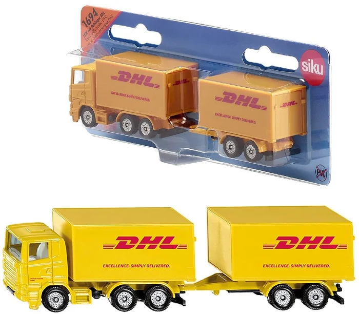 siku 1694, LKW mit Anhänger DHL, Metall/Kunststoff, Gelb, Heckklappen zum Öffnen, Abnehmbarer Anhänger