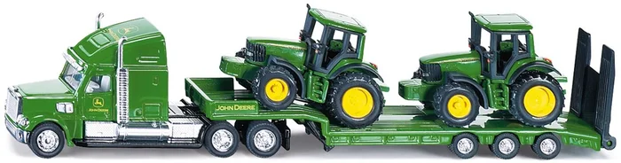SIKU 1837, Tieflader mit 2 John Deere Traktoren, 1:87, Metall/Kunststoff, Grün, Klappbare Heckklappe