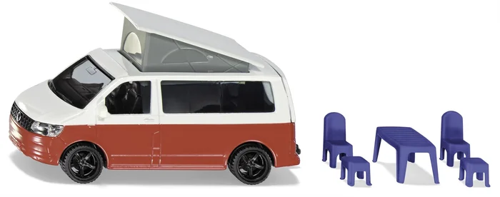 SIKU 1922, VW T6 California Camping-Bulli, 1:50, Metall/Kunststoff, Rot/Weiß, Stühle, Hocker und Hochklappbares Dach
