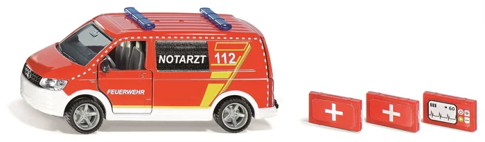 siku 2116, VW T6 Notarztwagen, Metall/Kunststoff, 1:50, Rot/Weiß, Wechselbare Räder, Fahrer- und Beifahrertür und Heckklappe zum Öffnen, Inkl. Zubehör