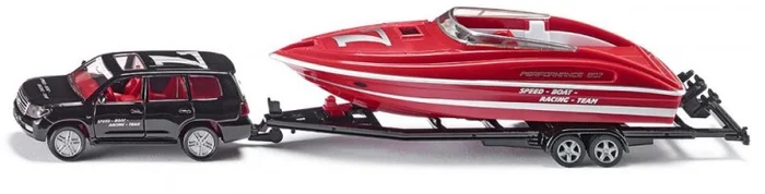 SIKU 2543, PKW mit Motorboot, 1:55, Metall/Kunststoff, Schwarz/Rot, Schwimmfähiges Spielzeugboot