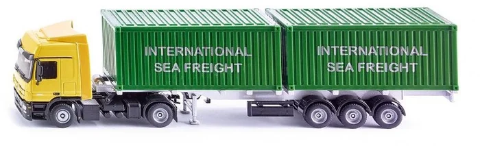SIKU 3921, LKW mit Container, 1:50, Metall/Kunststoff, Gelb/Grün, Inkl. 2 Container, Variierbare Anhängerlänge