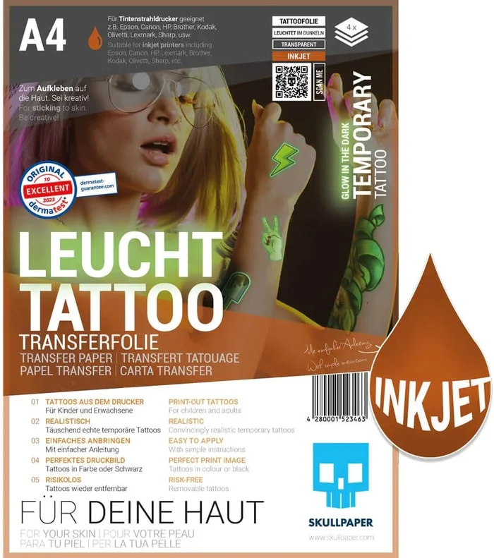 Skullpaper Skullpaper Tattoo Folie Inkjet A4 4 Vel Glow in the Dark