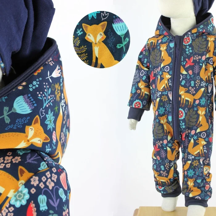 Softshellanzug für Kinder dunkelblau mit Füchsen