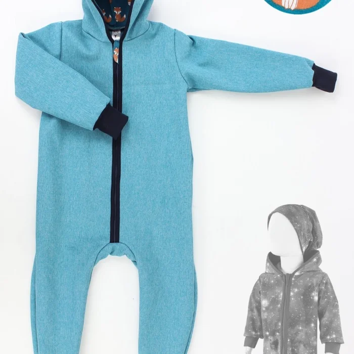 Softshellanzug für Kinder petrol meliert mit Füchsen