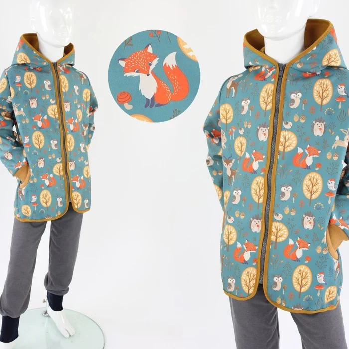 Softshelljacke für Kinder petrol mit Waldtieren