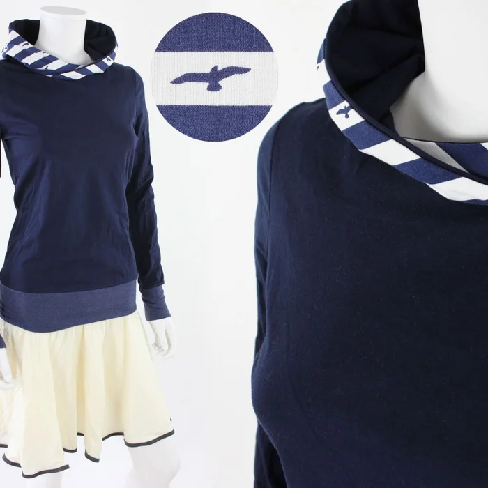 Sommerpulli für Damen marineblau weiß gestreift mit Vögeln