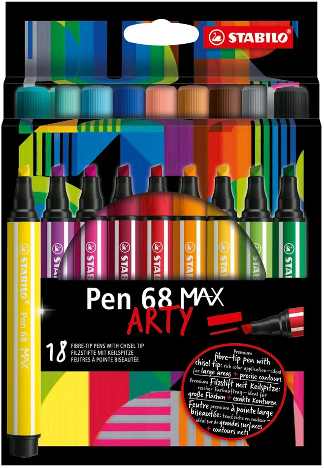 STABILO Pen 68 MAX ARTY – Viltstift Met Dikke Beitelpunt – Set 18 Stuks