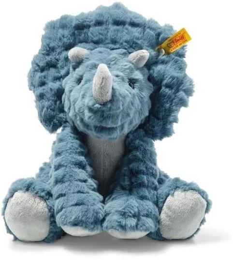 Steiff 087806 Original Plüschtier Dixi Triceratops, Soft Cuddly Friends Kuscheltier ca. 28 cm, Markenplüsch mit Knopf im Ohr, Schmusefreund für Babys von Geburt an, Petrol