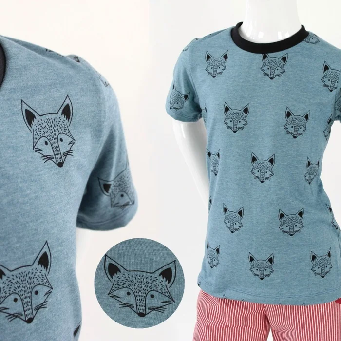 T-Shirt für Kinder blau meliert mit Füchsen