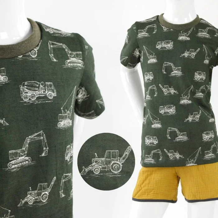 T-Shirt für Kinder dunkelgrün meliert mit Baufahrzeugen