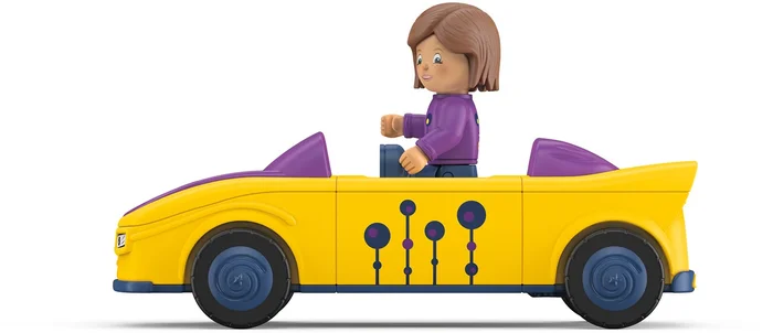 Toddys by siku 0104, Zoe Zoomy, 3-teiliges Spielzeugauto, Zusammensteckbar, Inkl. beweglicher Spielfigur, Hochwertiger Rückziehmotor, Gelb/Lila, Ab 18 Monaten