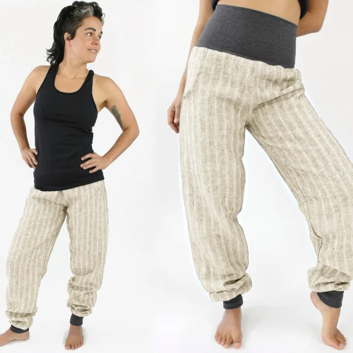 Unisex Sommerhose aus gewebten Leinen hell beige gestreift