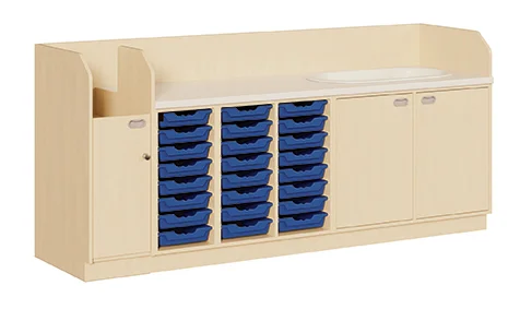 Wickelkommoden mit Aufgang, Badewanne und 12/24 ErgoTrayboxen, Breite 249 cm