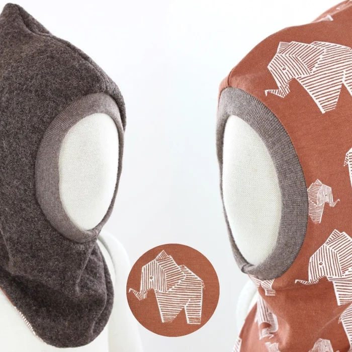 Woll-Schlupfmütze für Kinder braun mit Elefanten