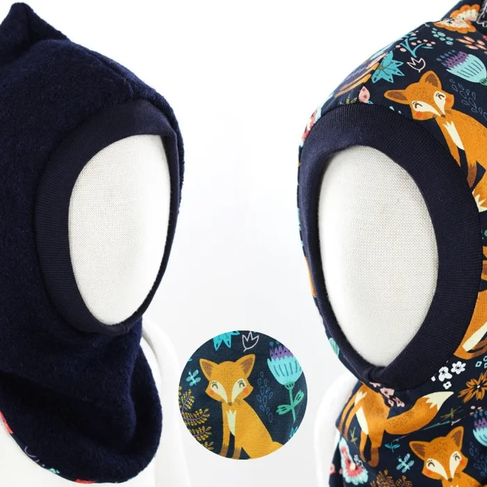 Woll-Schlupfmütze für Kinder dunkelblau mit Füchsen
