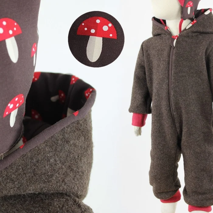 Wollanzug für Kinder braun mit Fliegenpilzen