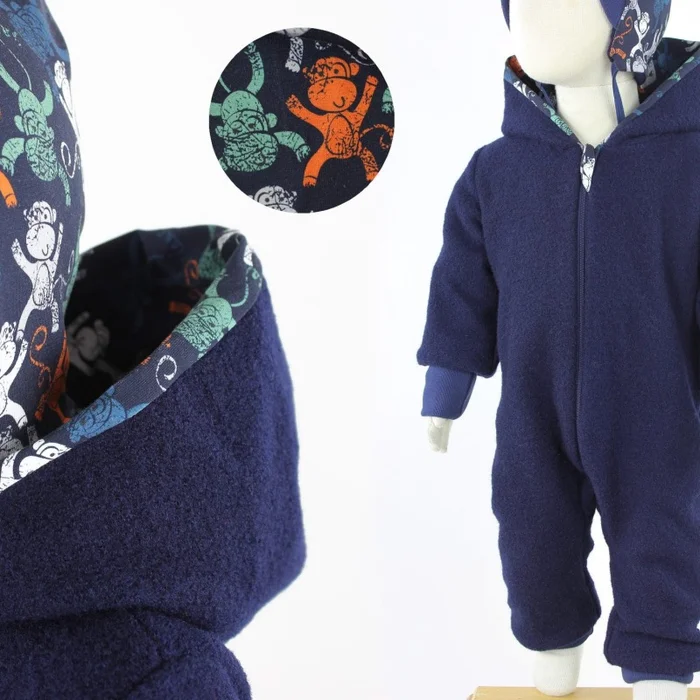 Wollanzug für Kinder dunkelblau mit Affen