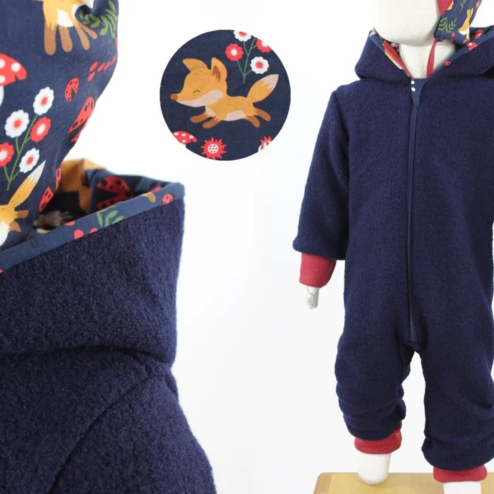 Wollanzug für Kinder dunkelblau mit Marienkäfern und Füchsen