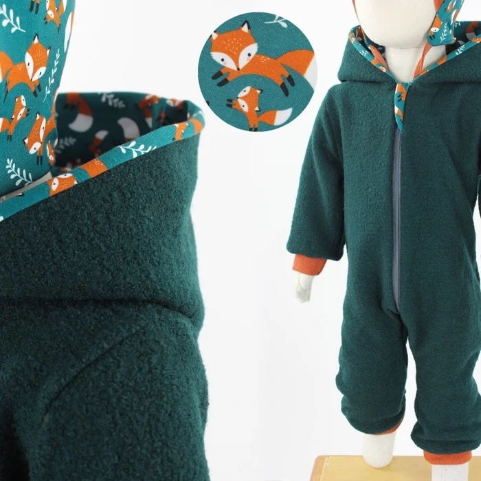 Wollanzug für Kinder dunkelgrün mit Füchsen