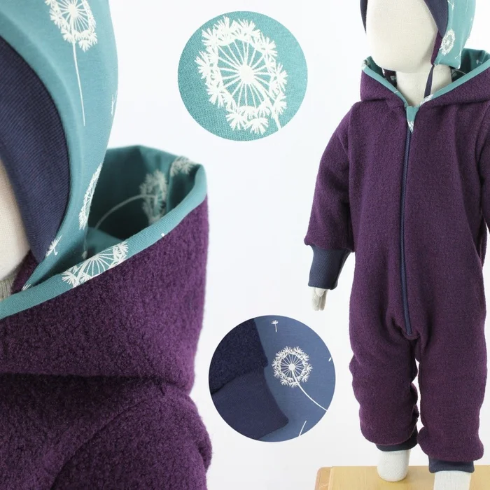 Wollanzug für Kinder lila mit Pusteblumen