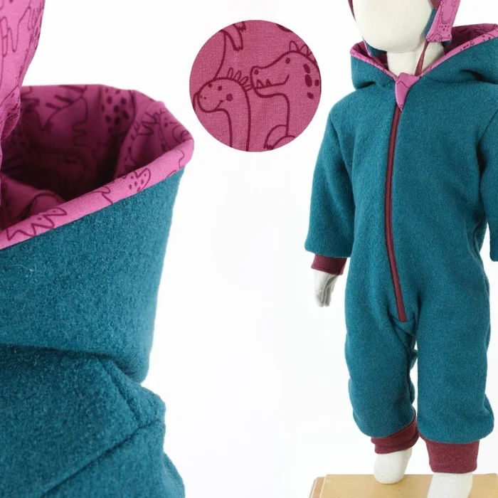 Wollanzug für Kinder smaragd mit rosa Dinos