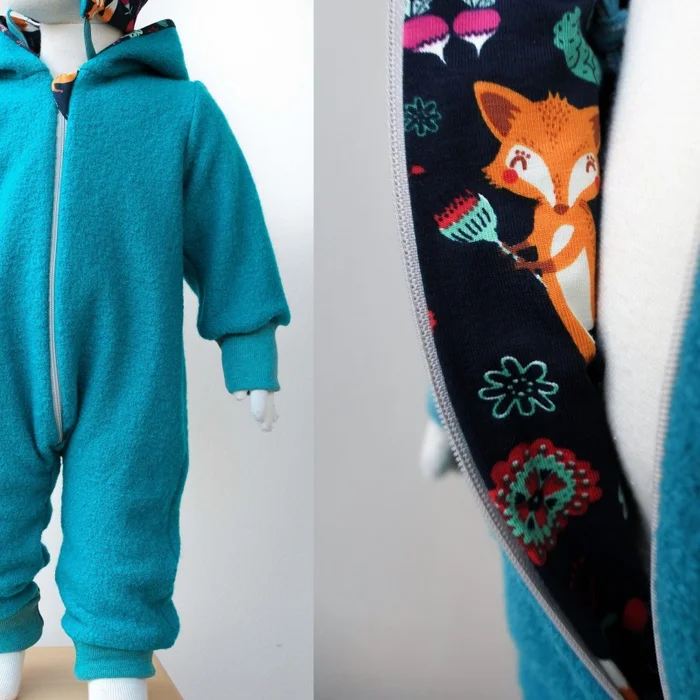 Wollanzug für Kinder türkis mit Füchsen