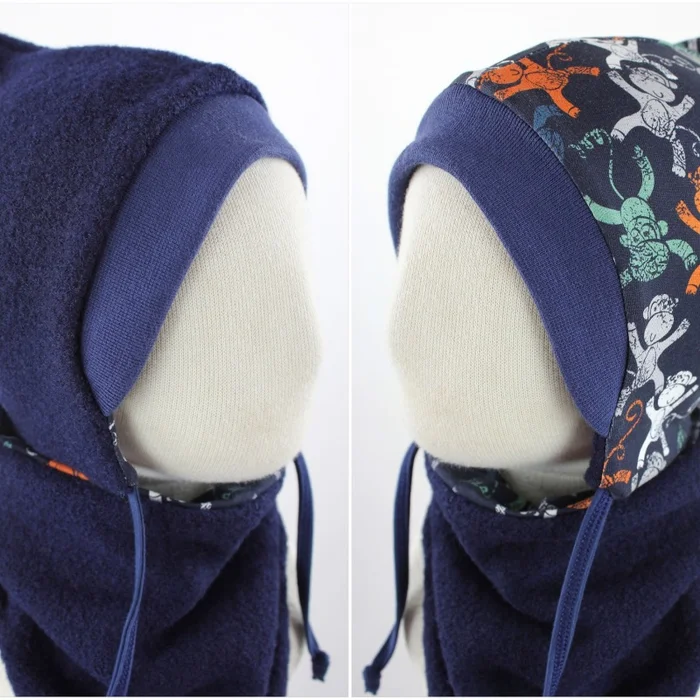 Wollmütze für Kinder dunkelblau mit Affen