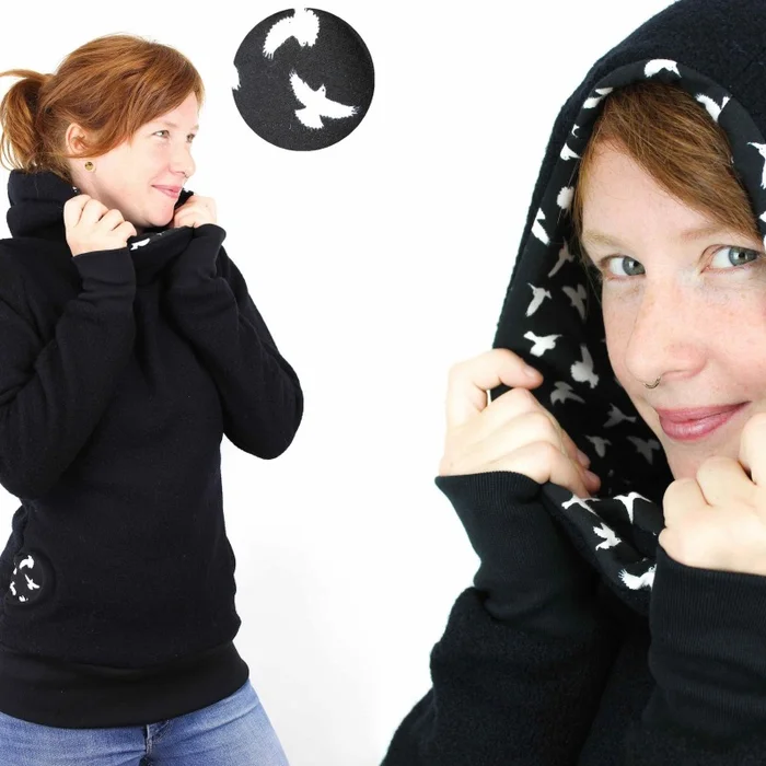 Wollpulli schwarz mit Vögeln