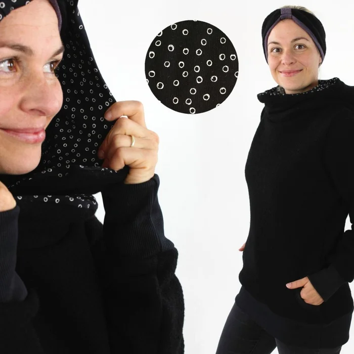 Wollpulli schwarz mit weißen Kringeln