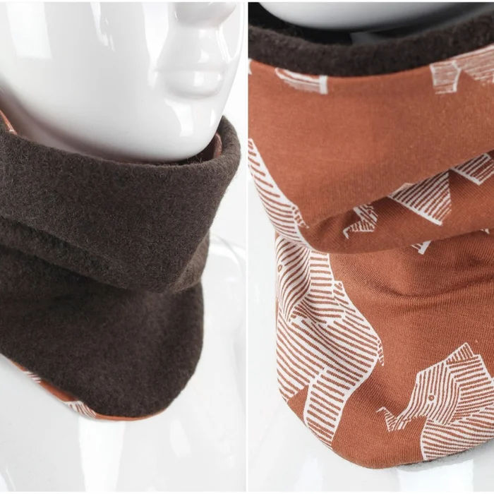 Wollschlupfschal für Kinder zum Wenden braun mit Elefanten BIO-STOFFE