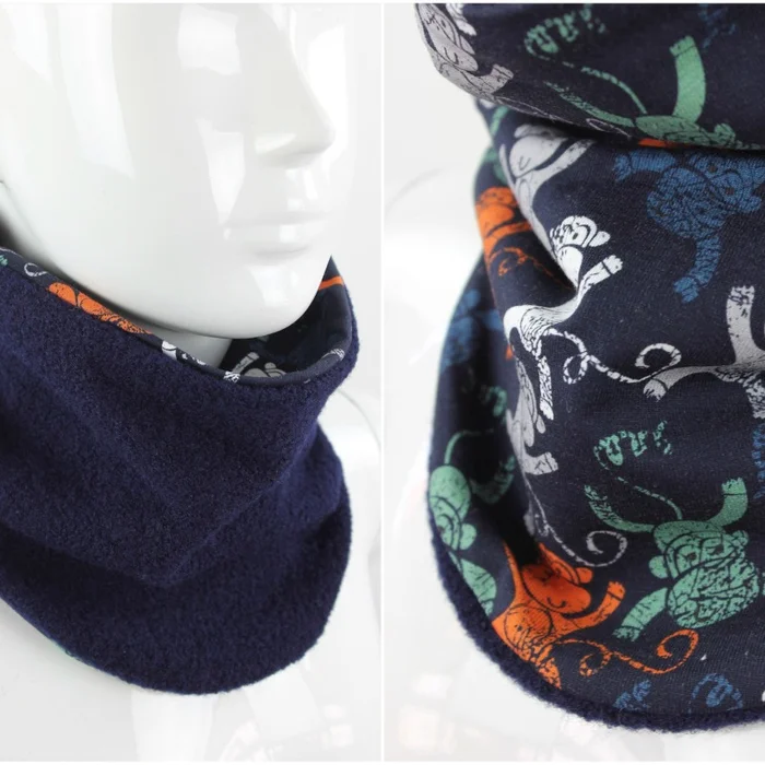 Wollschlupfschal für Kinder zum Wenden dunkelblau mit Affen