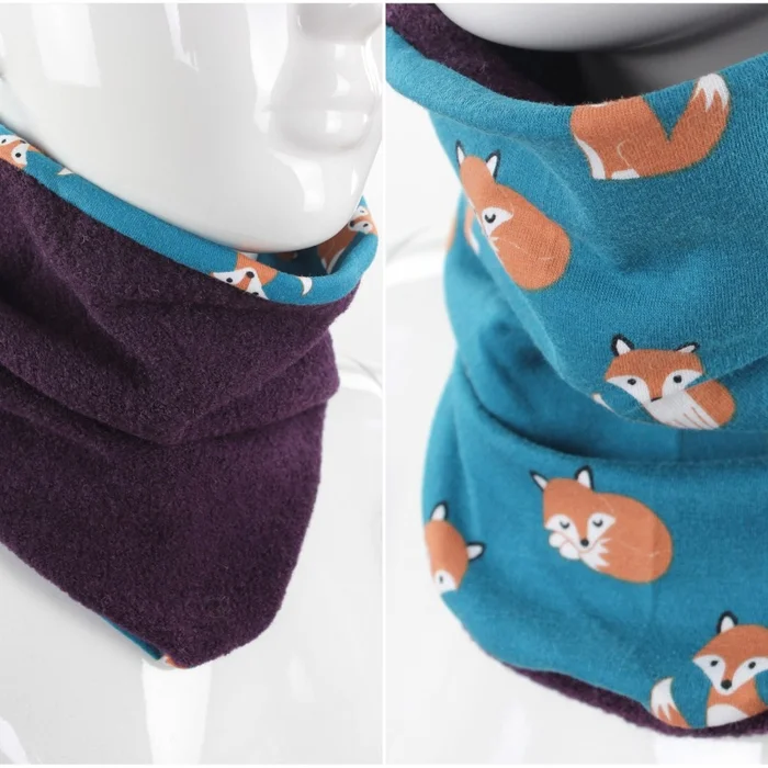Wollschlupfschal für Kinder zum Wenden lila mit Füchsen
