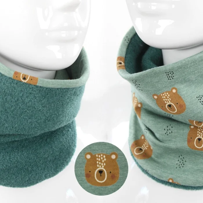 Wollschlupfschal für Kinder zum Wenden mintgrün mit Bären