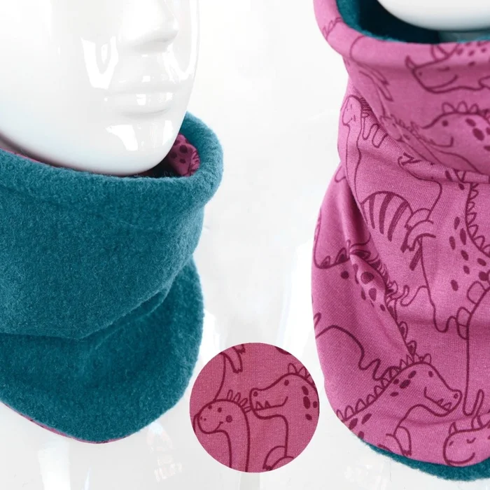Wollschlupfschal für Kinder zum Wenden petrol mit rosa Dinos