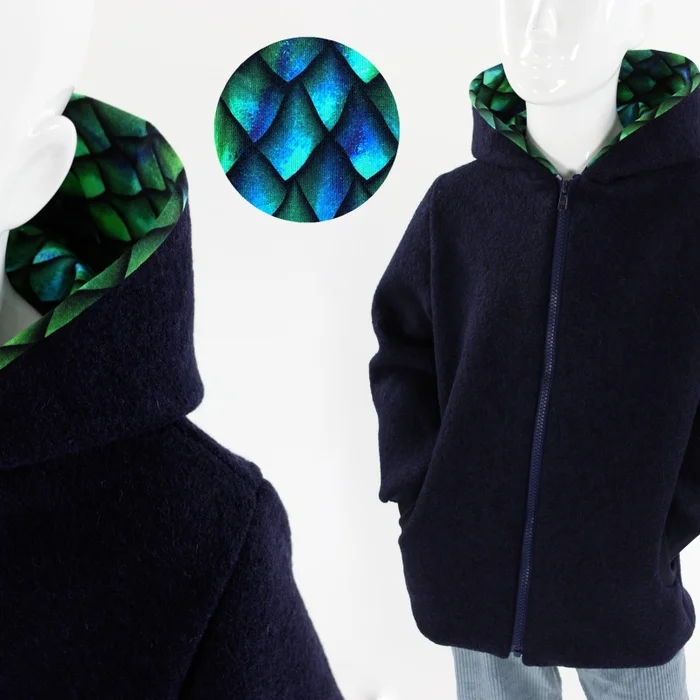 Wollwalkjacke für Kinder dunkelblau mit Drachenschuppen