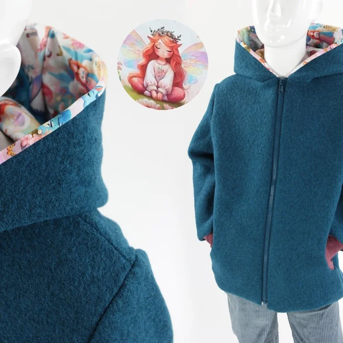 Wollwalkjacke für Kinder petrol mit Feen und Einhörnern