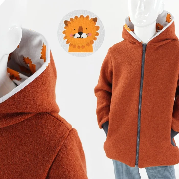 Wollwalkjacke für Kinder terracotta mit Löwen