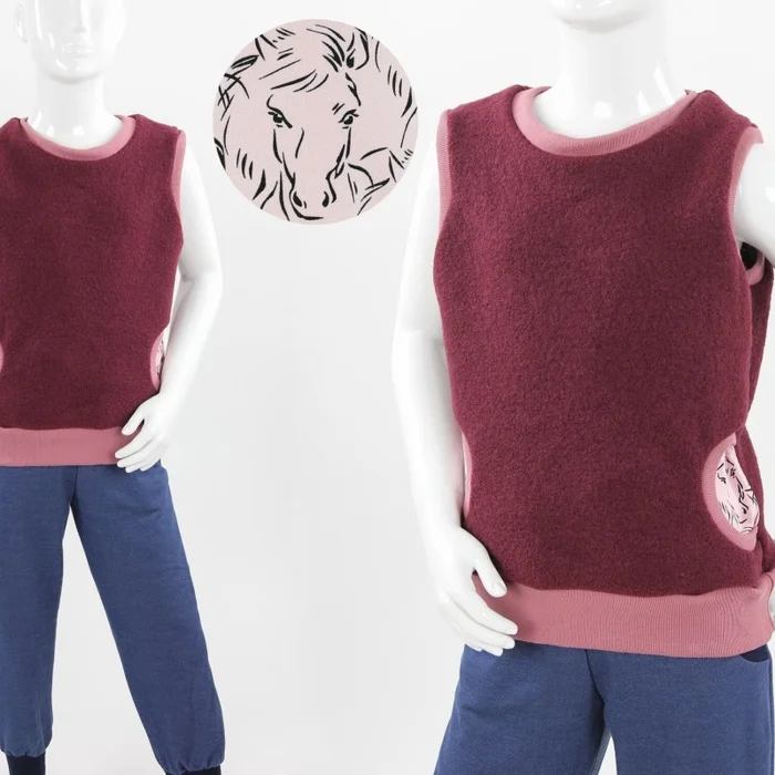 Wollweste für Kinder beere mit rosa Pferden