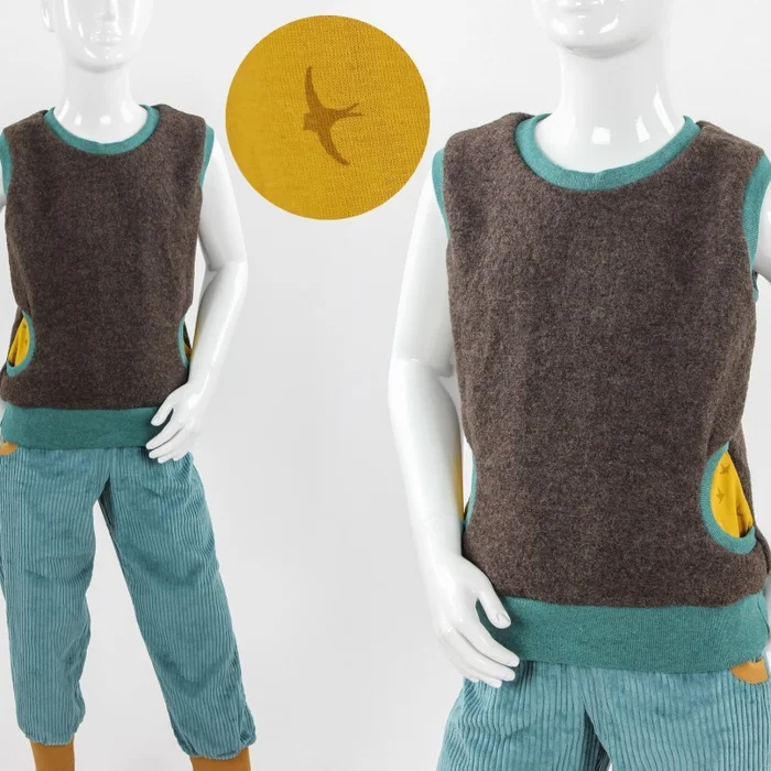 Wollweste für Kinder braun mit gelben Vögeln
